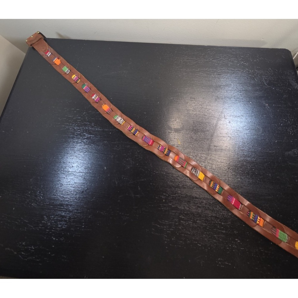 Vintage Guatemalan Leather & Handwoven Womens Belt 35" Med Colorful Gold Accents - Picture 4 of 4